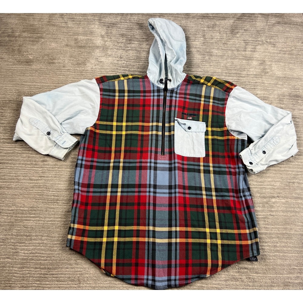 Polo Sport Hoodie Mens L Multi Plaid Denim Quarter Zip Flannel Vintage 90s RL